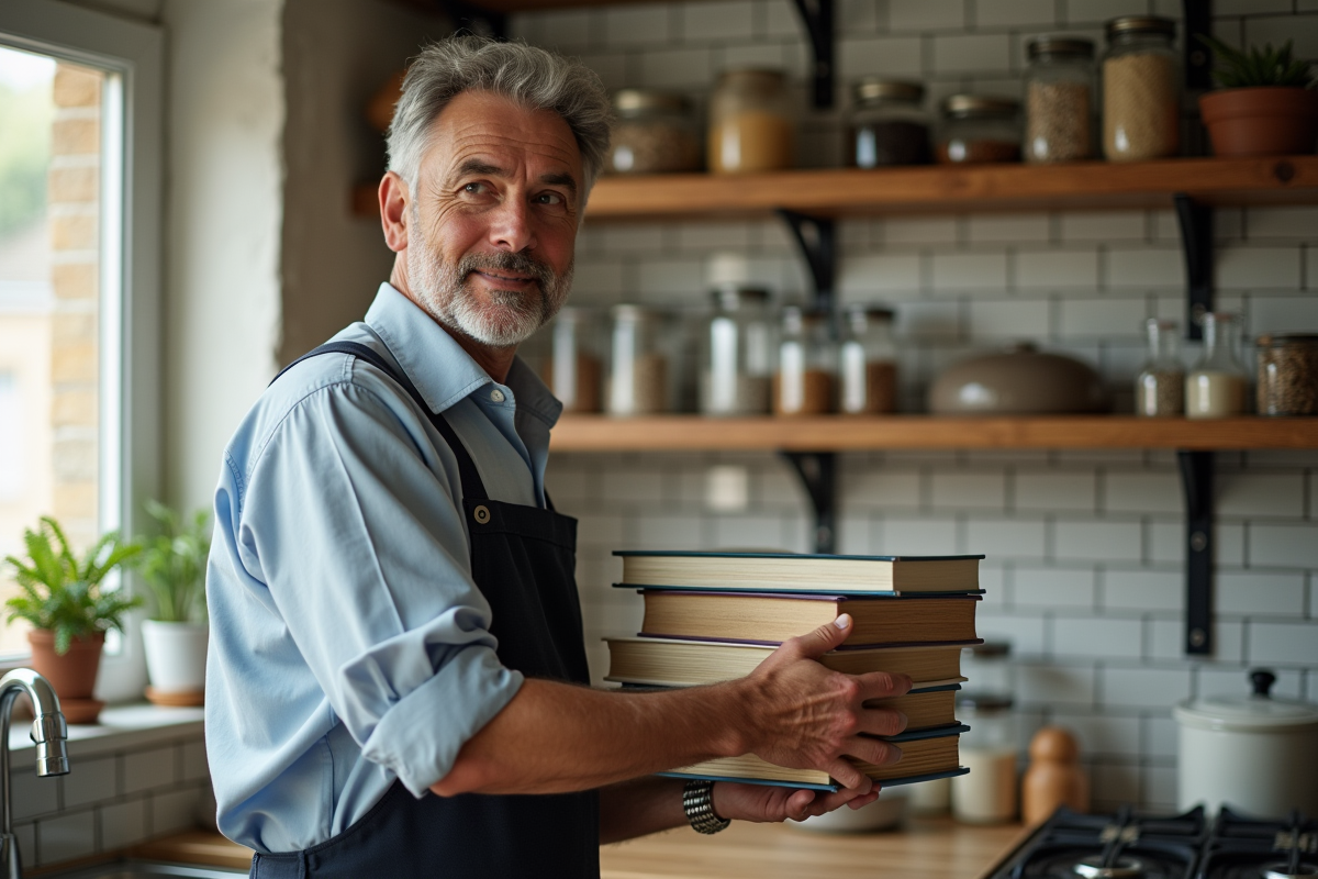 Homme empilant des livres de cuisine dans une cuisine chaleureuse