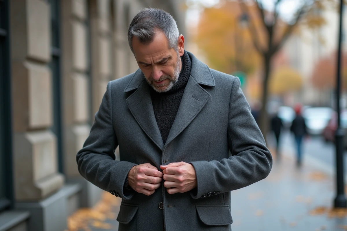Homme essayant de débloquer la fermeture éclair de son manteau en laine grise dans la rue