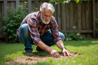 Homme d'âge moyen étalant du semis sur la pelouse
