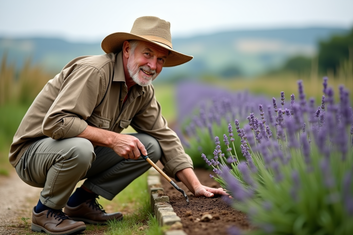 Homme plantant la lavande dans un champ rural