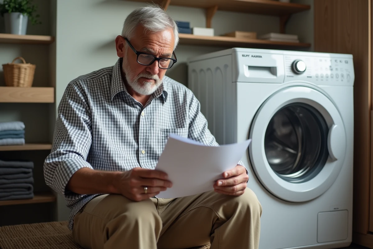 Homme &acirc;g&eacute; lisant le manuel de la machine &agrave; laver dans la buanderie
