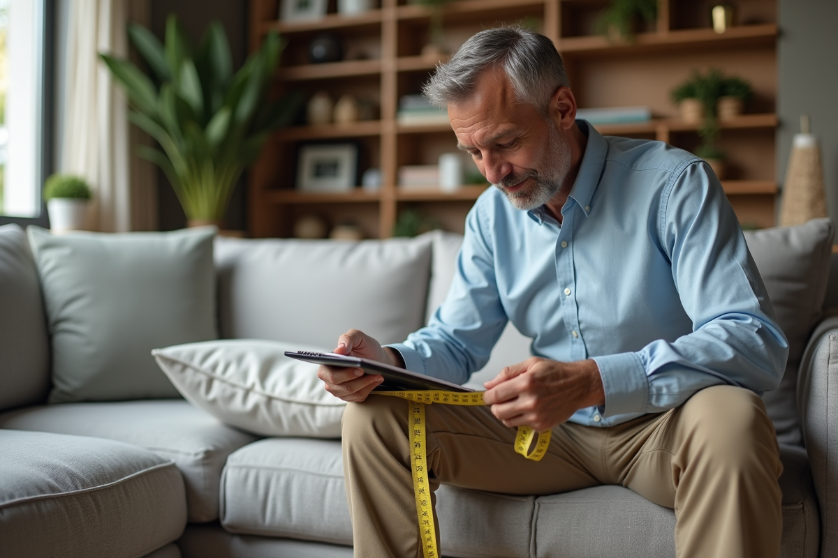 Homme mesurant un coussin sur un grand sofa dans un salon
