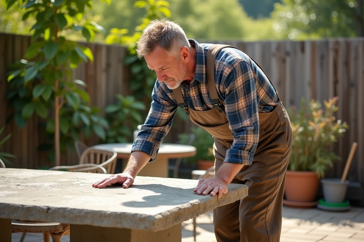 Homme appliquant un produit de nettoyage sur une table extérieure