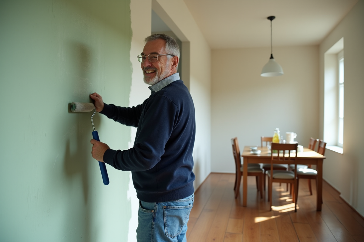 Homme peignant un mur dans une salle à manger lumineuse