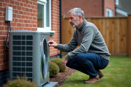 Homme d'âge moyen vérifiant la pompe à chaleur extérieure