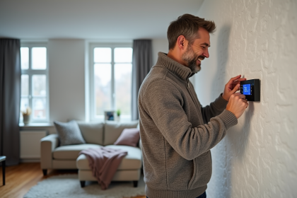 Homme d'âge moyen ajustant un thermostat numérique dans un salon cosy