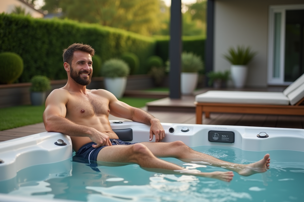 Homme souriant dans un spa extérieur en jardin