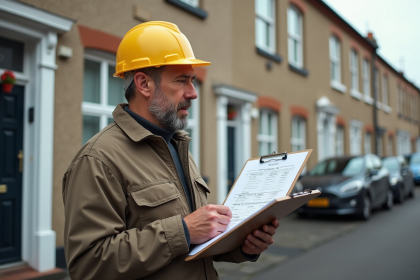 Homme d'âge moyen avec un carnet de devis de rénovation de maison