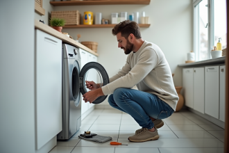 Homme d'âge moyen répare un lave-linge dans une buanderie