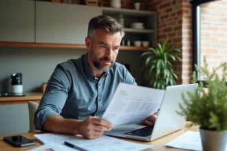 Homme d'&acirc;ge moyen examine des devis de r&eacute;novation dans sa cuisine