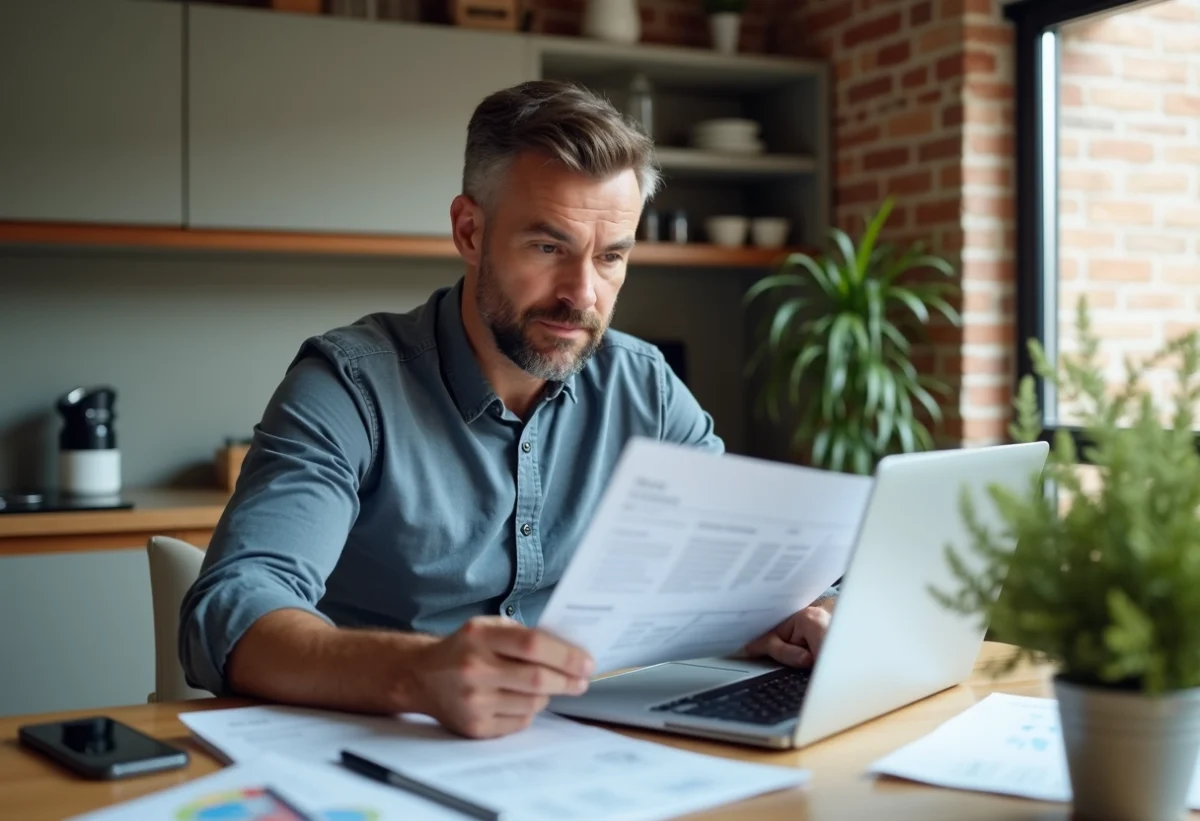 Homme d'âge moyen examine des devis de rénovation dans sa cuisine
