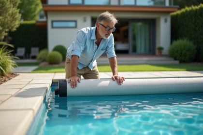 Homme en été posant une couverture de piscine moderne