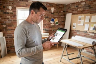 Homme consultant l'application gospi fr Maison et Travaux sur une tablette dans un salon en cours de rénovation