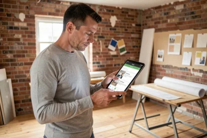 Homme consultant l'application gospi fr Maison et Travaux sur une tablette dans un salon en cours de rénovation