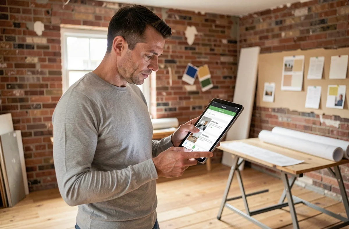 Homme consultant l'application gospi fr Maison et Travaux sur une tablette dans un salon en cours de rénovation