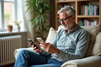 Homme d'âge moyen utilisant une application pour régler un radiateur