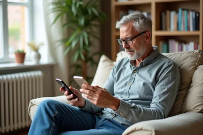 Homme d'&acirc;ge moyen utilisant une application pour r&eacute;gler un radiateur