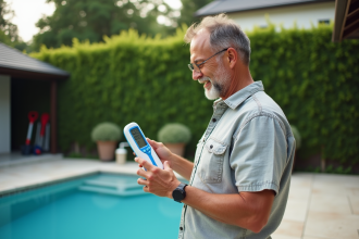 Homme d'&acirc;ge moyen v&eacute;rifiant un thermom&egrave;tre de piscine ext&eacute;rieur