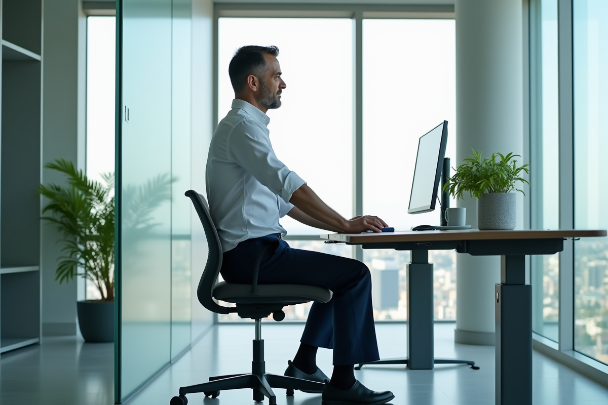 Homme en bureau moderne réglant sa chaise ergonomique