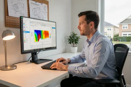 Ingénieur utilisant un logiciel gratuit de dimensionnement de pompe à chaleur sur ordinateur dans un bureau technique
