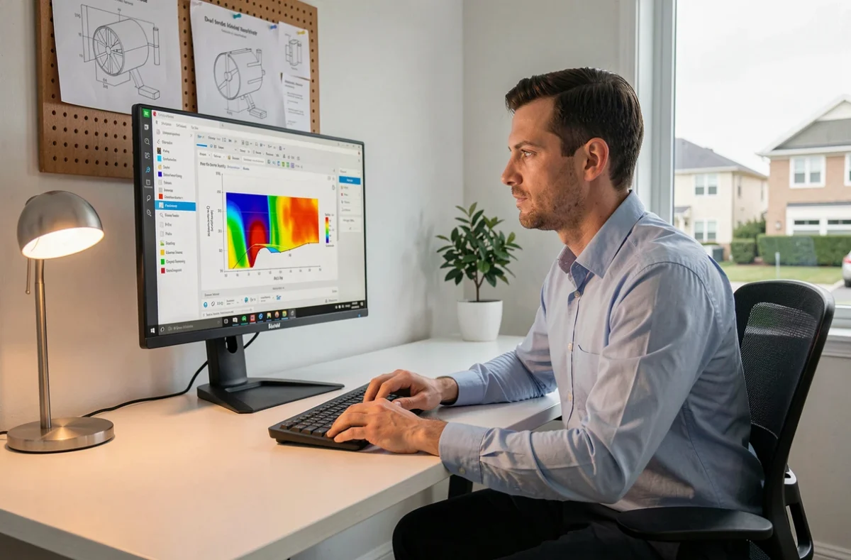 Ingénieur utilisant un logiciel gratuit de dimensionnement de pompe à chaleur sur ordinateur dans un bureau technique