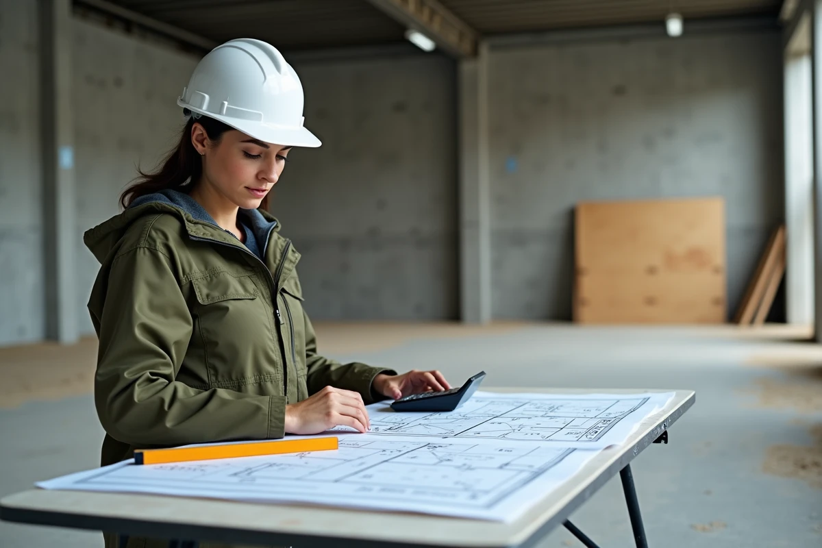 Ingénieure de chantier calculant des volumes en mètres cubes sur des plans imprimés avec une calculatrice et une équerre