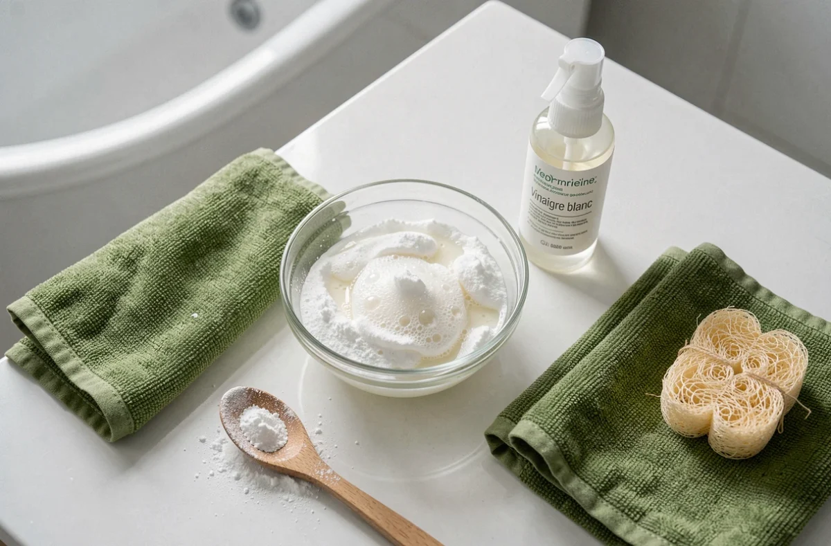Ingrédients naturels pour nettoyer une baignoire : bicarbonate de soude, vinaigre blanc, éponge et microfibre sur comptoir de salle de bain