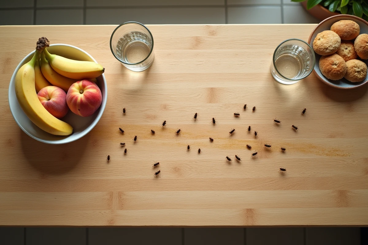 Vue du dessus d'un plan de travail cuisine envahi par de petits insectes noirs près d'une corbeille de fruits au printemps