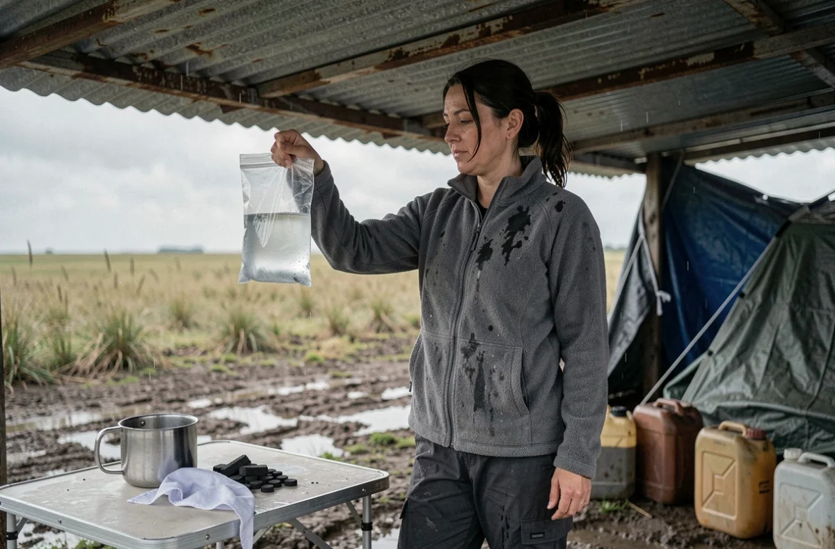 Femme inspectant un sac d'eau de pluie collectée sous un abri de fortune lors d'une situation de survie en plein air