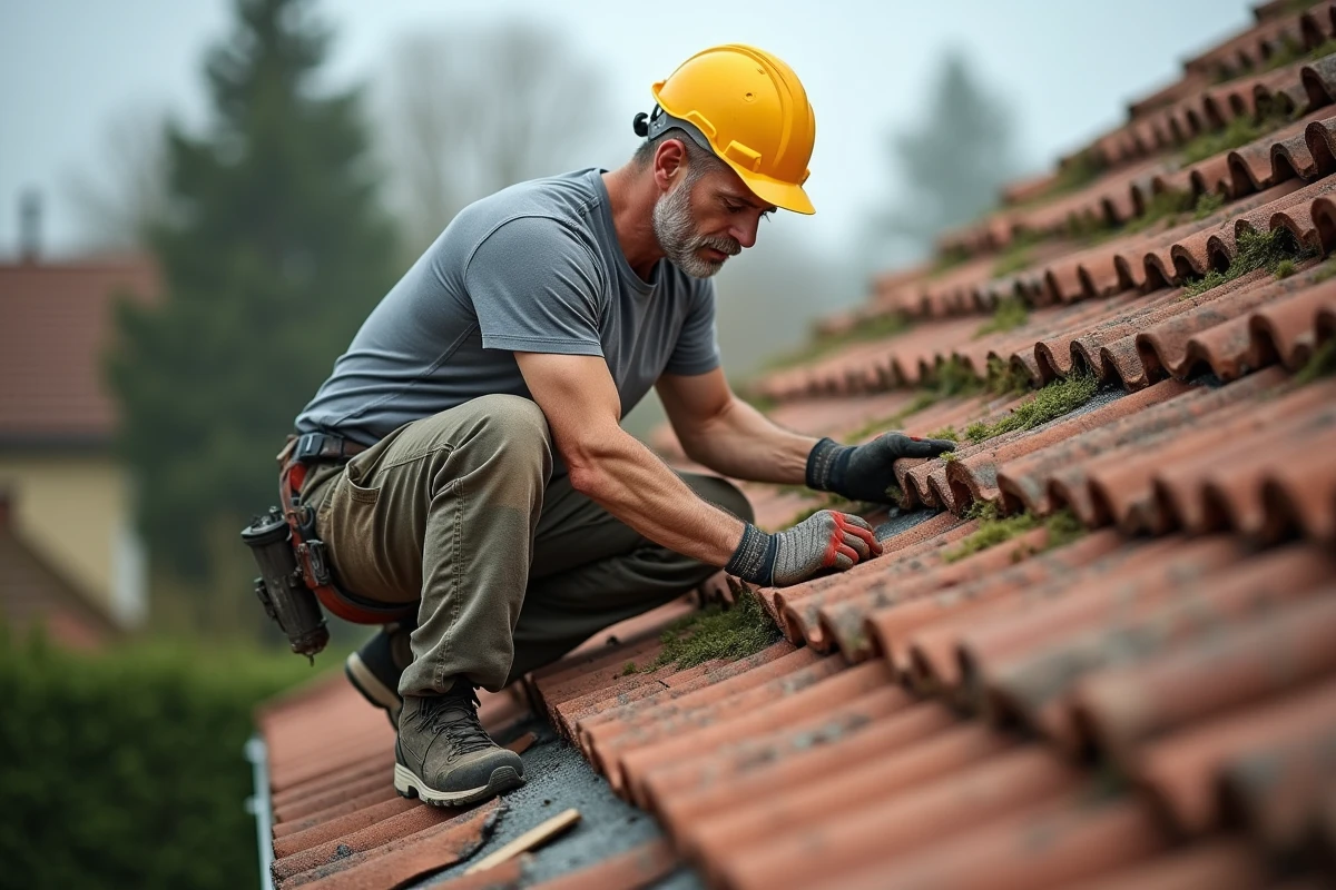 Couvreur inspectant une toiture en tuiles terracotta abîmées et mousses sur une maison individuelle française