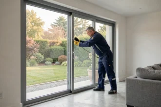 Professionnel installant une baie vitrée coulissante de 4 mètres dans un salon moderne avec vue sur jardin