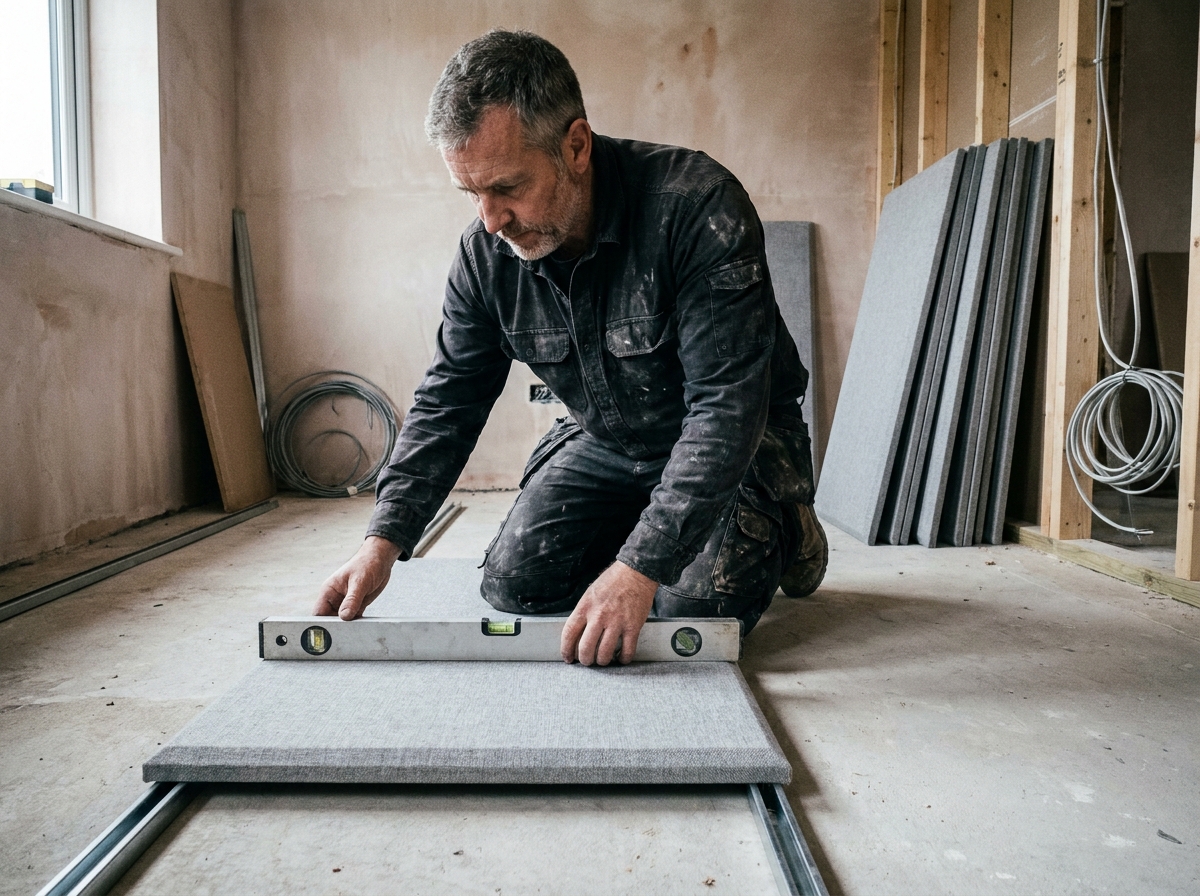 Artisan installant une cloison acoustique modulaire dans un bureau à domicile en cours d'aménagement