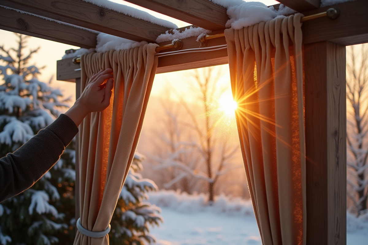 Mains installant rideaux résistants au vent sous pergola en hiver