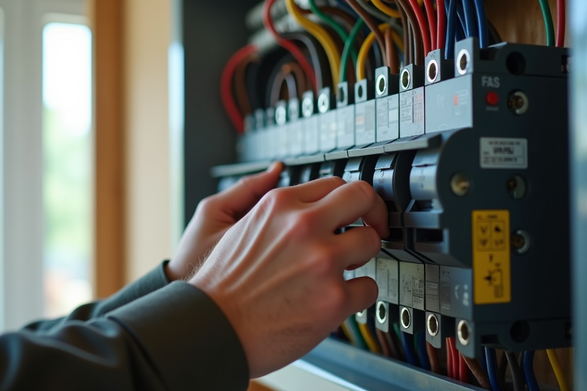 Mains installant des disjoncteurs dans un tableau électrique intérieur