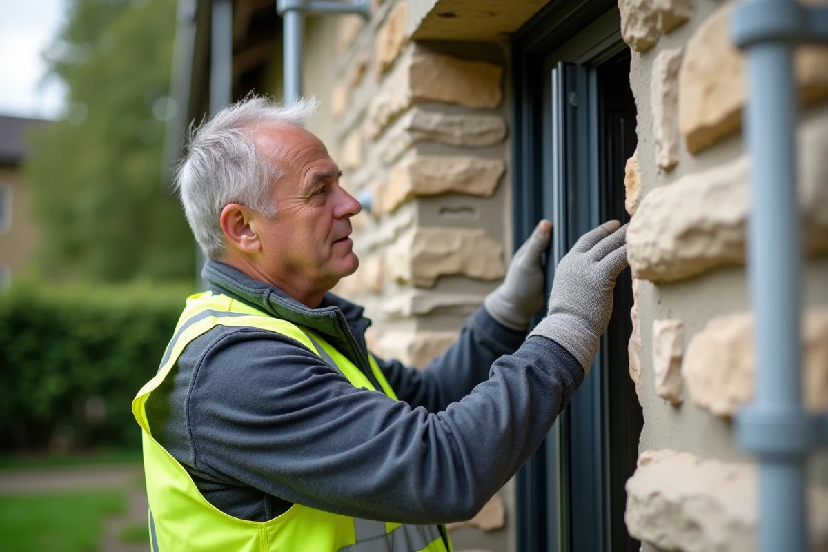 Menuisier installant une fenêtre double vitrage sur une maison en pierre à Mayenne