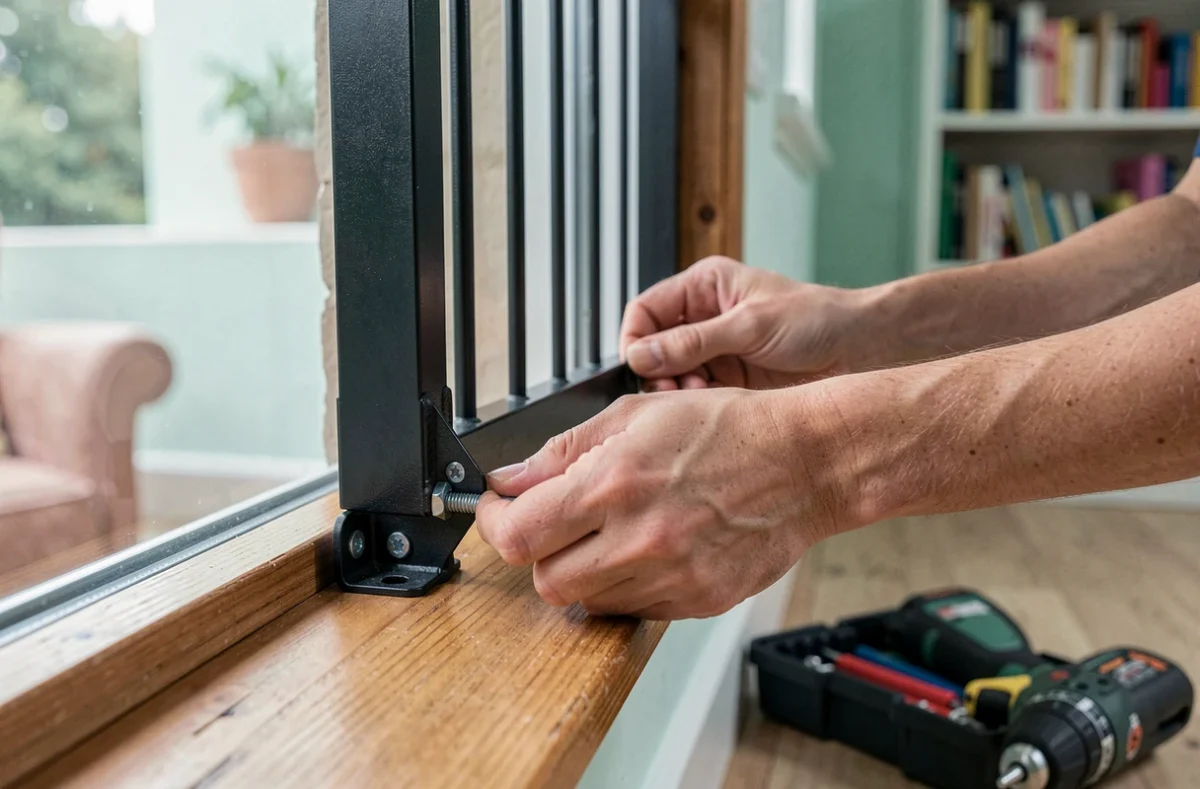 Installation d'un grillage de protection noir pour fenêtre par une personne montrant les fixations et les supports d'angle
