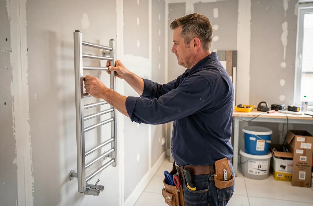 Installateur professionnel posant un sèche-serviettes Hudson Reed dans une salle de bains en cours de rénovation