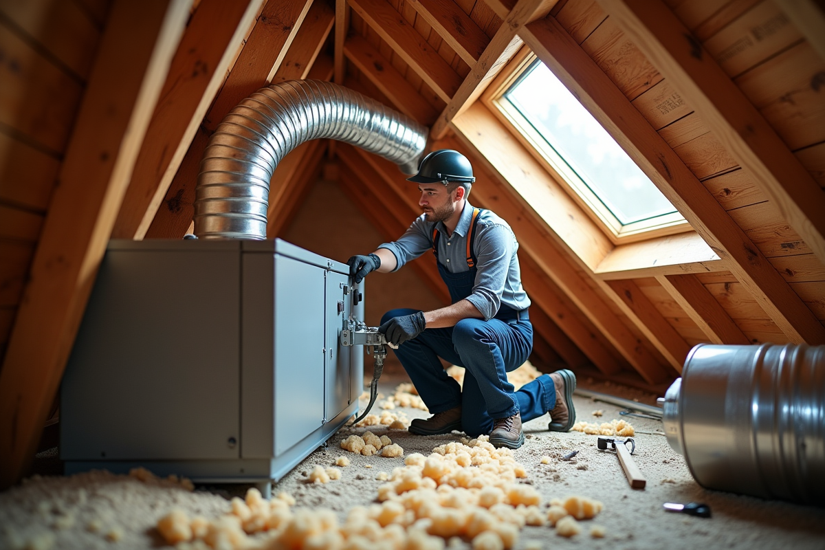 Technicien installant un systeme de récupération de chaleur dans un grenier