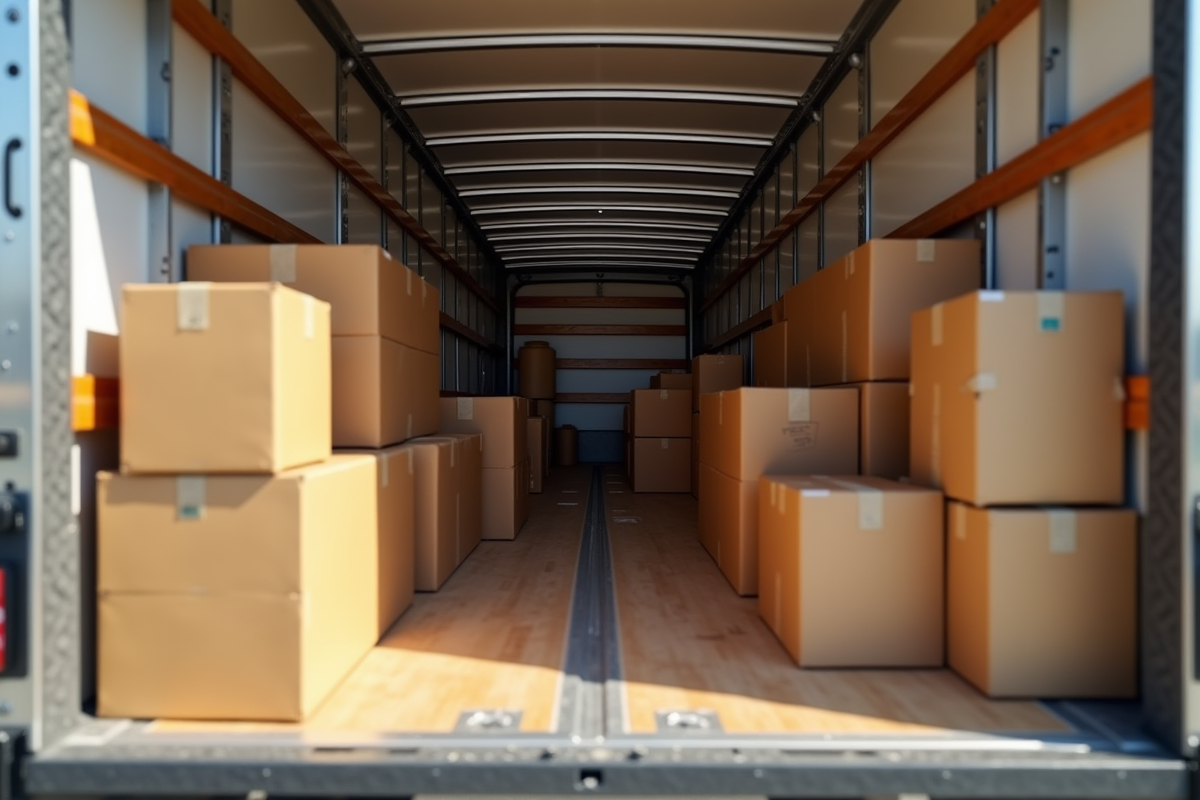 Intérieur d'un camion de déménagement bien organisé et rempli