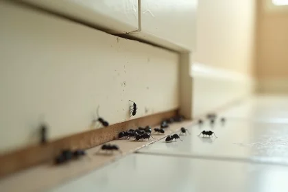 Gros plan sur une invasion de petites bêtes noires au niveau d'une plinthe de cuisine au printemps