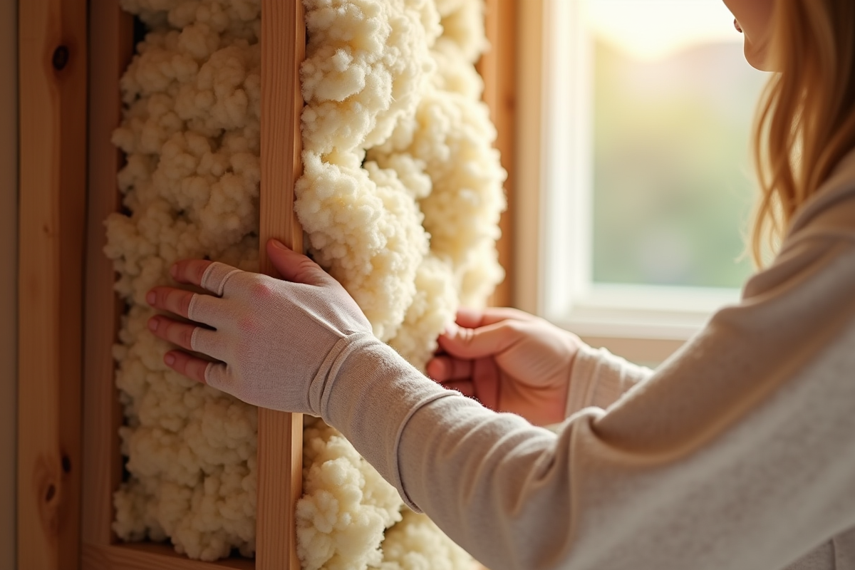 Installation de laine de mouton naturelle dans un mur en bois