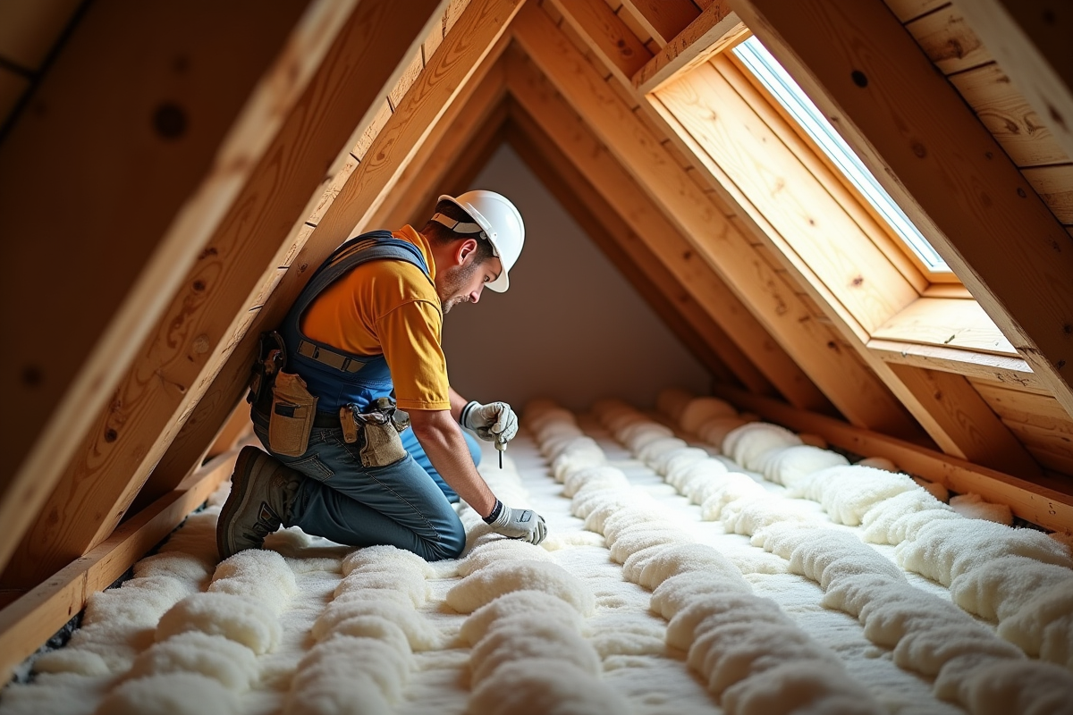 Ouvrier installant l isolation dans le grenier d une maison