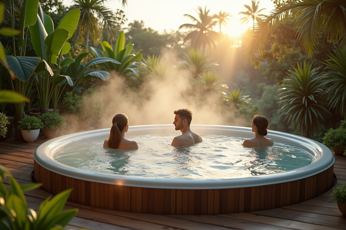 Jacuzzi extérieur luxueux sur terrasse en bois avec plantes