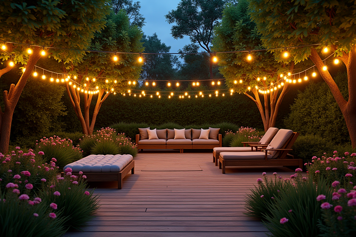 Jardin en soirée avec guirlandes lumineuses et fleurs colorées