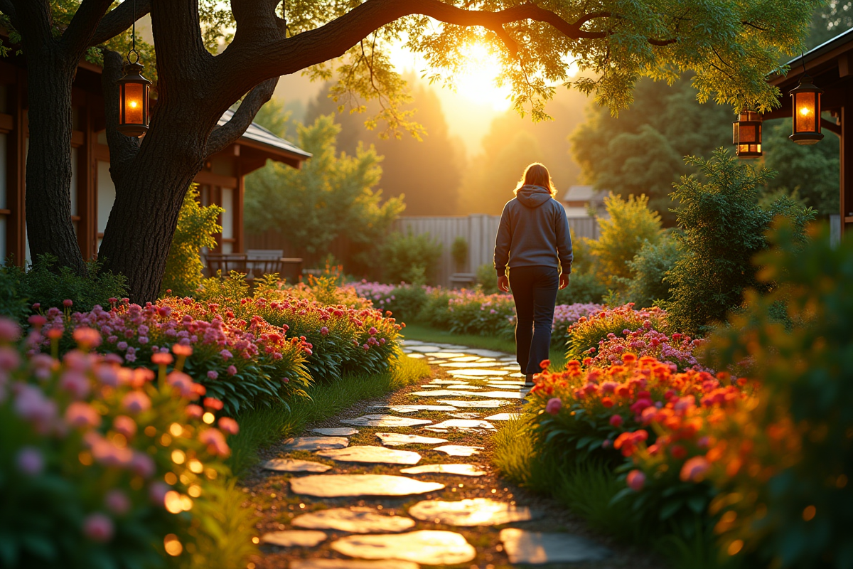 Jardin luxuriant au coucher du soleil avec fleurs et lanternes