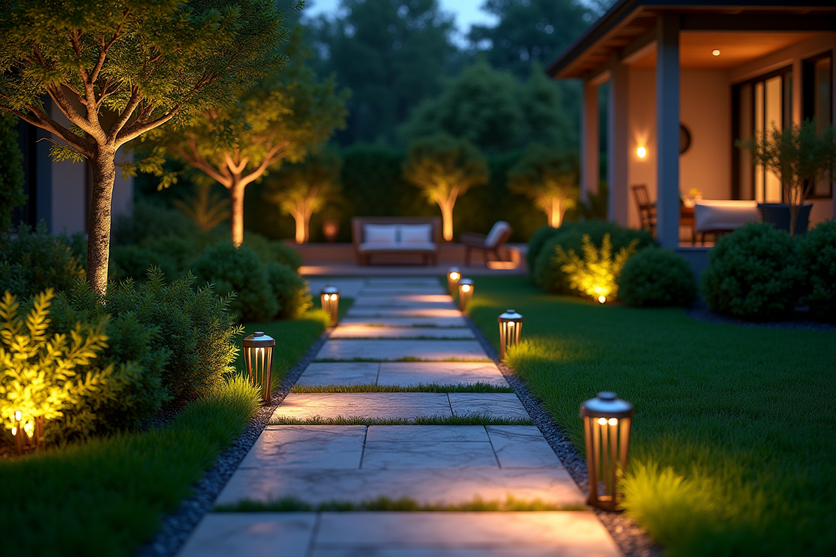 Jardin illuminé au crépuscule avec éclairage LED moderne