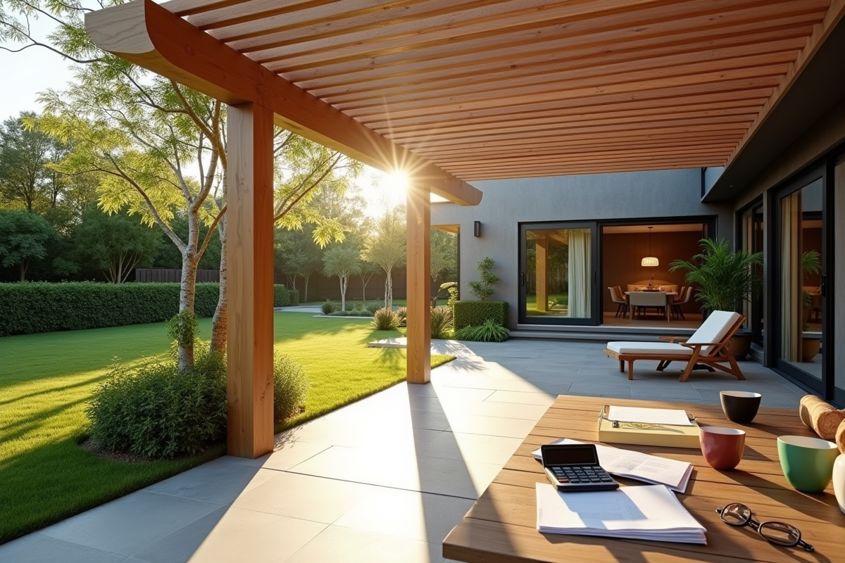 Jardin moderne avec pergola en bois et terrasse ensoleillée