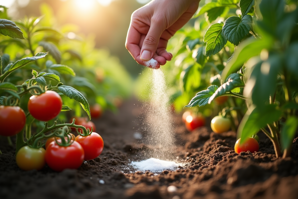 Main saupoudrant du bicarbonate sur des tomates dans un jardin ensoleille