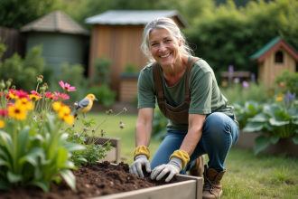 Femme d'âge moyen plantant des fleurs sauvages dans un jardin écologique
