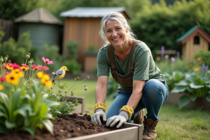 Femme d'âge moyen plantant des fleurs sauvages dans un jardin écologique